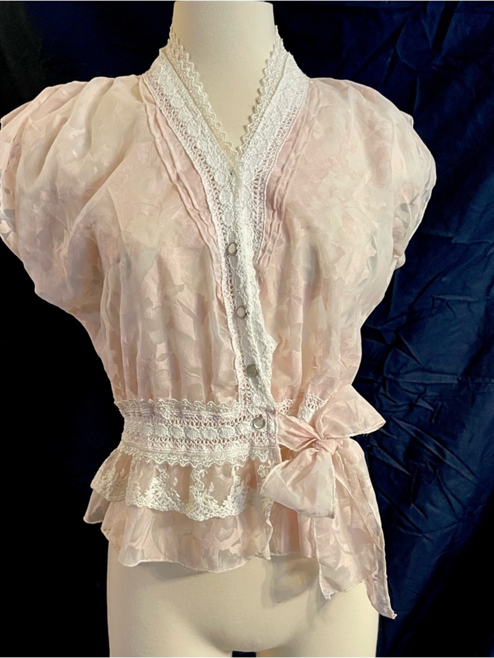 Romantic Pale Pink Lace-Trim Women's Blouse with Side Bow